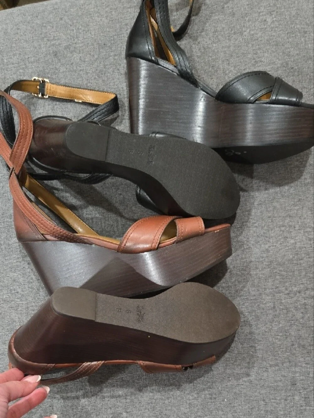 2 Pairs Of Coach Women's Leather Wedge Sandals in Black and Brown